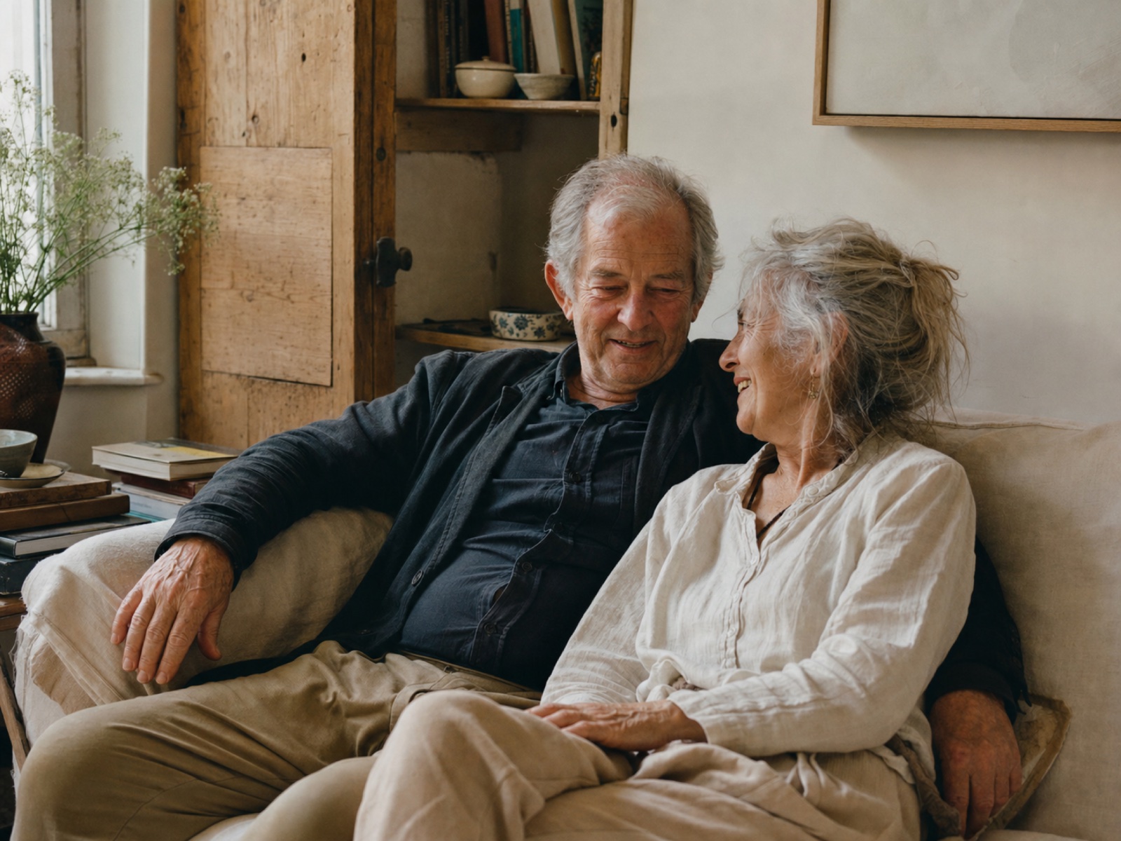 An older couple sitting comfortably together at home
